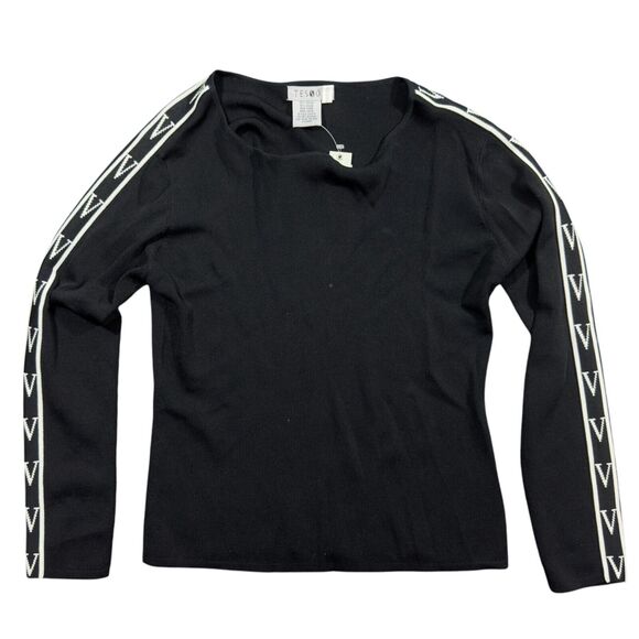 Tesso Sweatshirt Womens XL Black Knit Monogram Tape Long Sleeve Pullover Classic - Picture 1 of 7